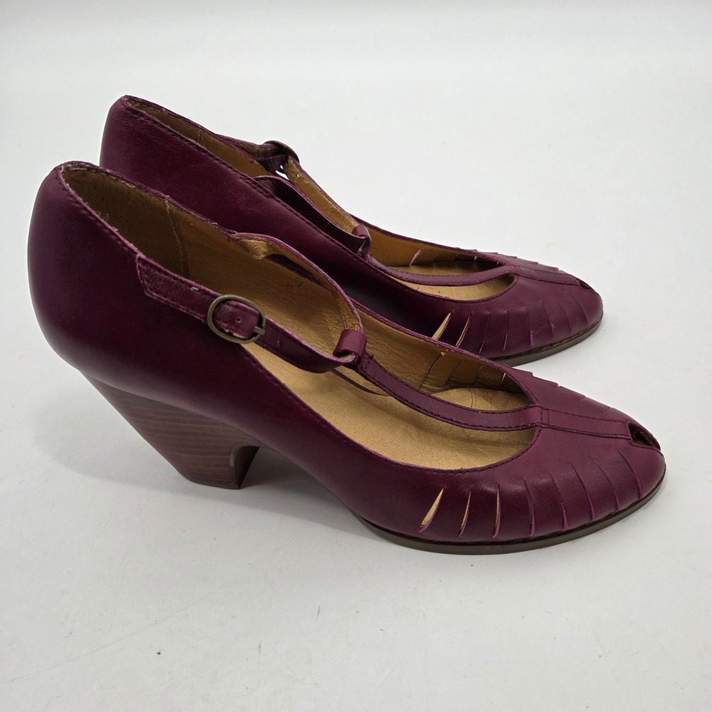 Seychelles Duchess 8.5 Plum Purple Leather Peep-Toe T-Strap Heels Stacked Heels - Picture 2 of 6